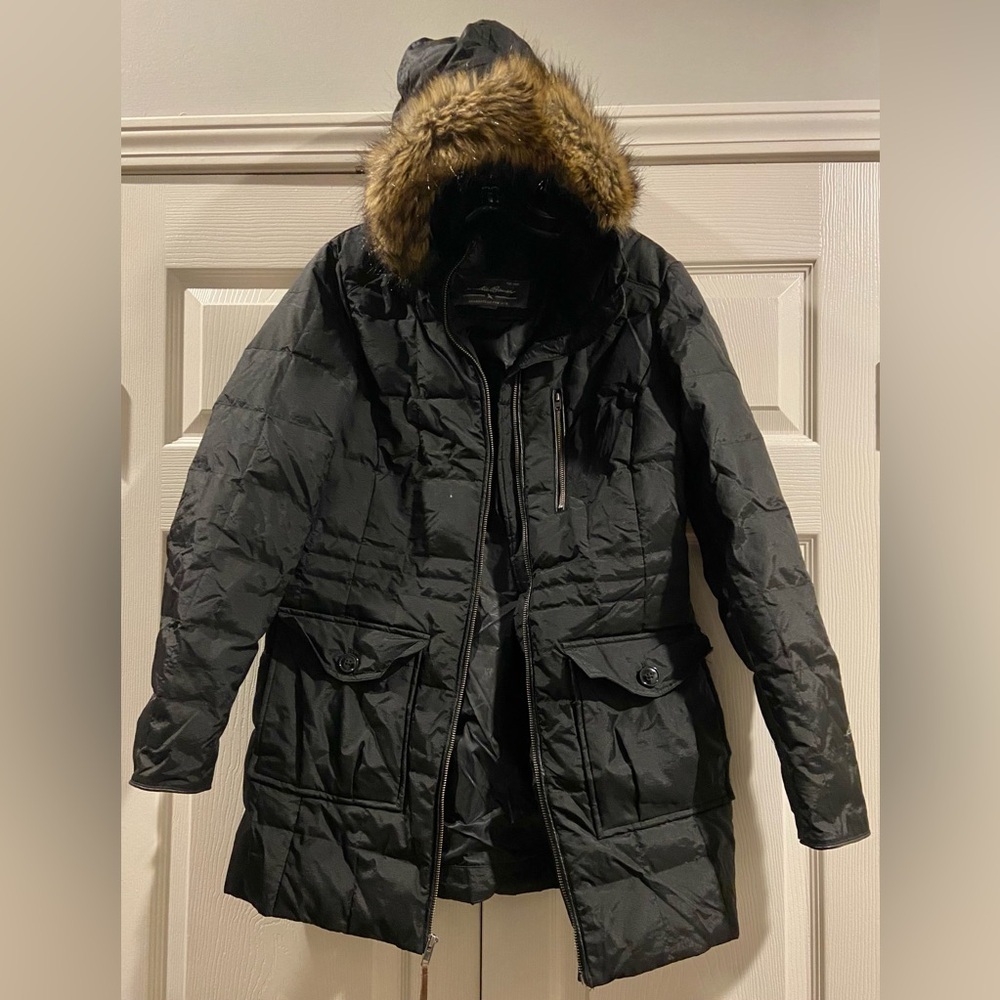 Eddie Bauer Jacket Womens S - Down Puffer Coat - Full Zip Parka Faux Fur Hood